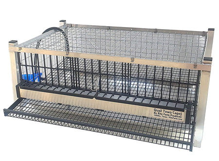 Quail Town modular Coturnix quail layer cage with front egg rollout, waterer, and aluminum feeder