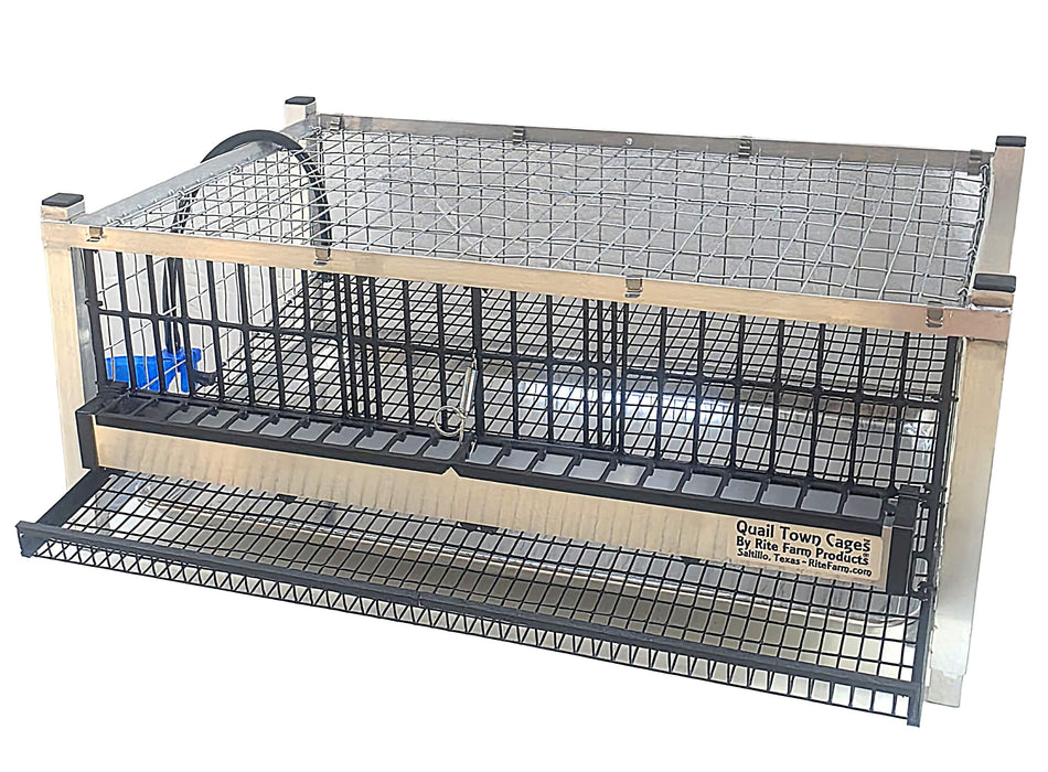 Quail Town modular Coturnix quail layer cage with front egg rollout, waterer, and aluminum feeder